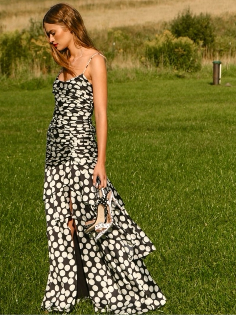 New Hutch Tisha Black & White Polka Dot Ruched Tiered Spaghetti Strap Maxi Dress